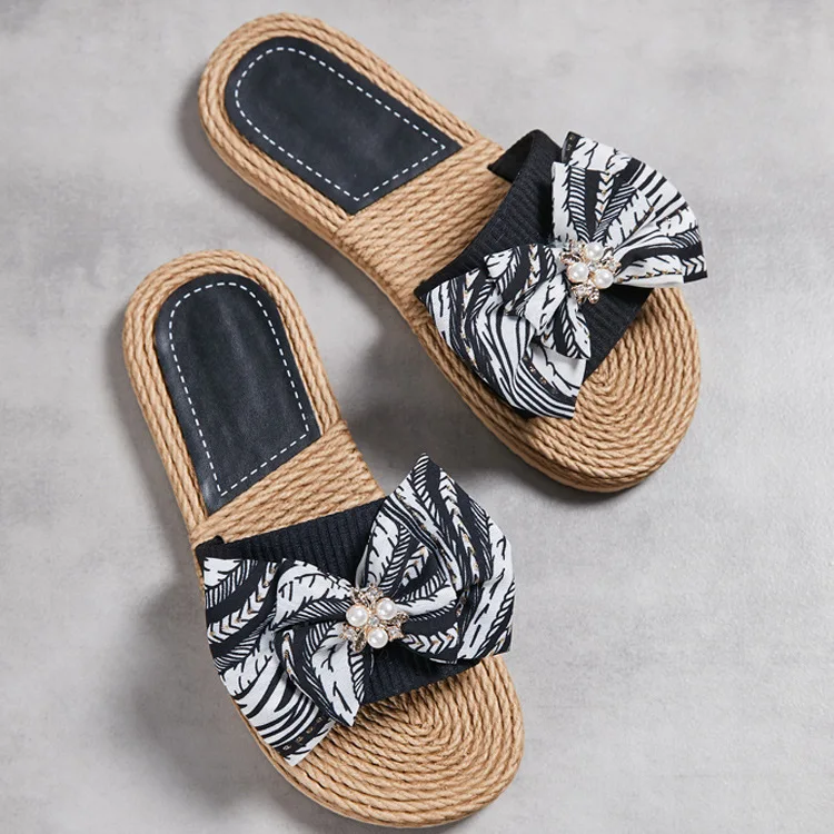 Female Summer Slippers Artificial Straw Sole Shoes Lady Indoor Flat with Flip Flops Stitching Floral Women |