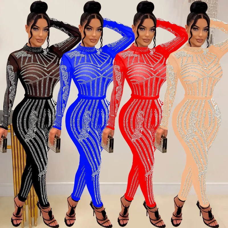 

WUHE Mesh See Through Rhinestone Sexy Jumpsuits for Women Long Sleeve Skinny Rompers Womens Jumpsuit Club Party Birthday Outfits