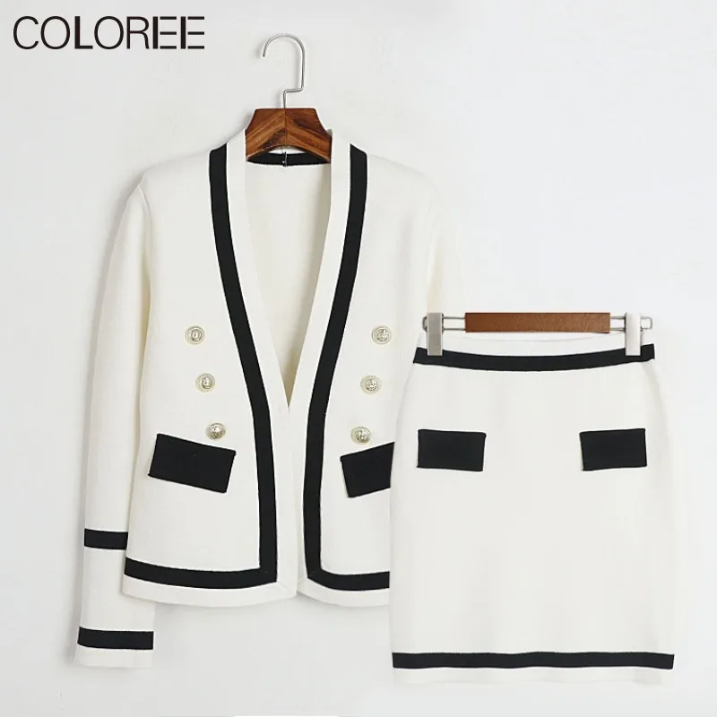 

Роскошные вязаные женские комплекты из двух предметов с золотыми пуговицами осень-зима 2023 винтажные элегантные комплекты для женщин 2 предмета