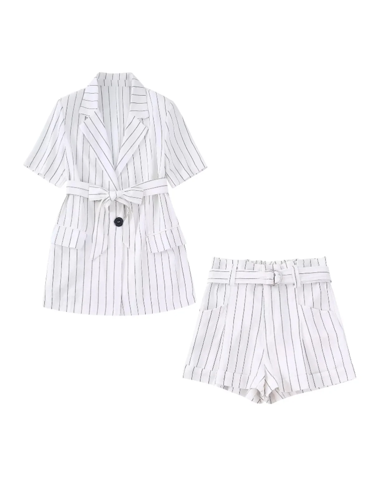 

Женский повседневный комплект из 2 предметов, Длинный свободный пиджак в полоску с поясом и шорты с высокой талией и карманами, лето 2022