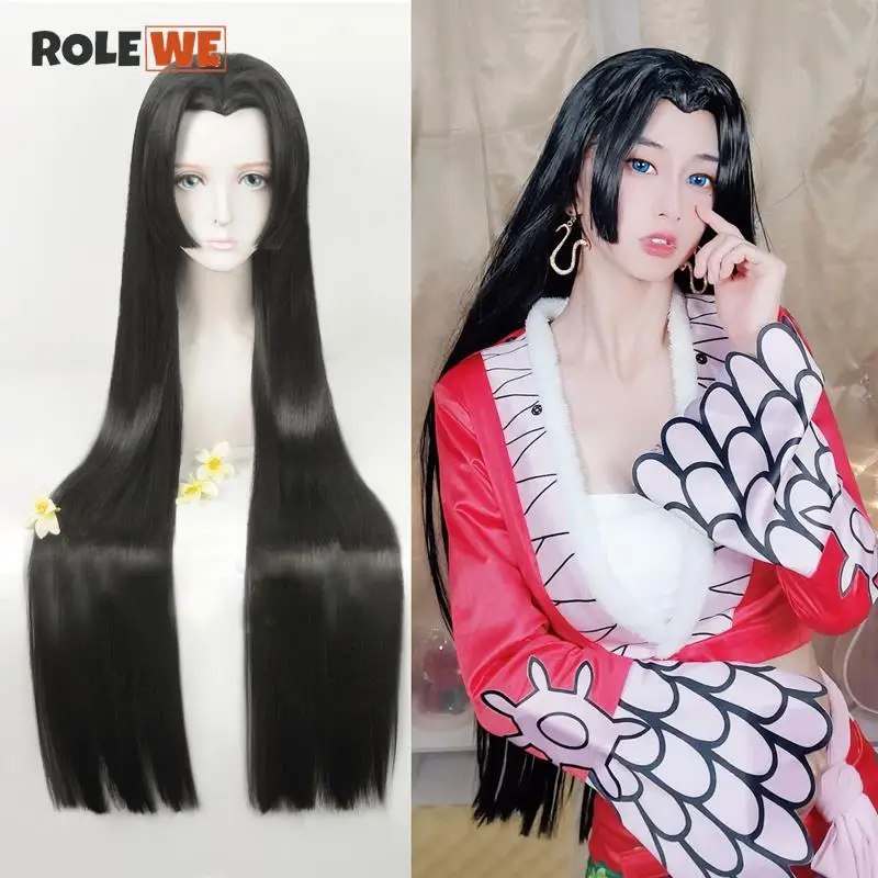 

Boa Hancock Cosplay Wig 95cm One Piece Boa Hankokku Styled Black Long Straight Heat Resistant Synthetic Hair Wigs + Earrings