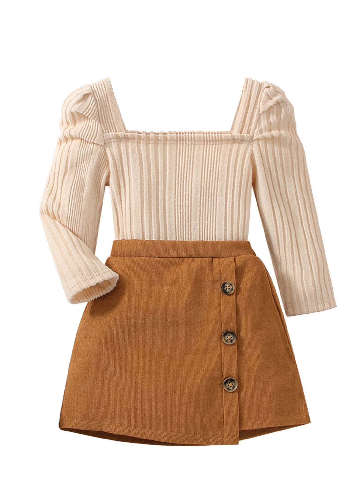 

Осенние костюмы для маленьких девочек, однотонные Топы с длинным рукавом и квадратным вырезом и юбки на пуговицах с эластичной талией, комплект из 2 предметов