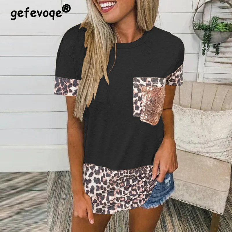 

Leopard Print Patchwork O Neck Short Sleeve with Pocket Tunic Top Women 2022Summer Casual Loose Tee T Shirt Femme Clothing S-5XL
