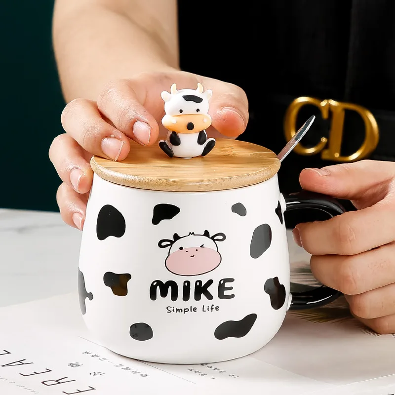 

Cute Cow Mugs Big-bellied Water Bottle Spoons with Lids Large-capacity Cartoon Ceramic Jug Creative Office Coffee Milk Drinkware