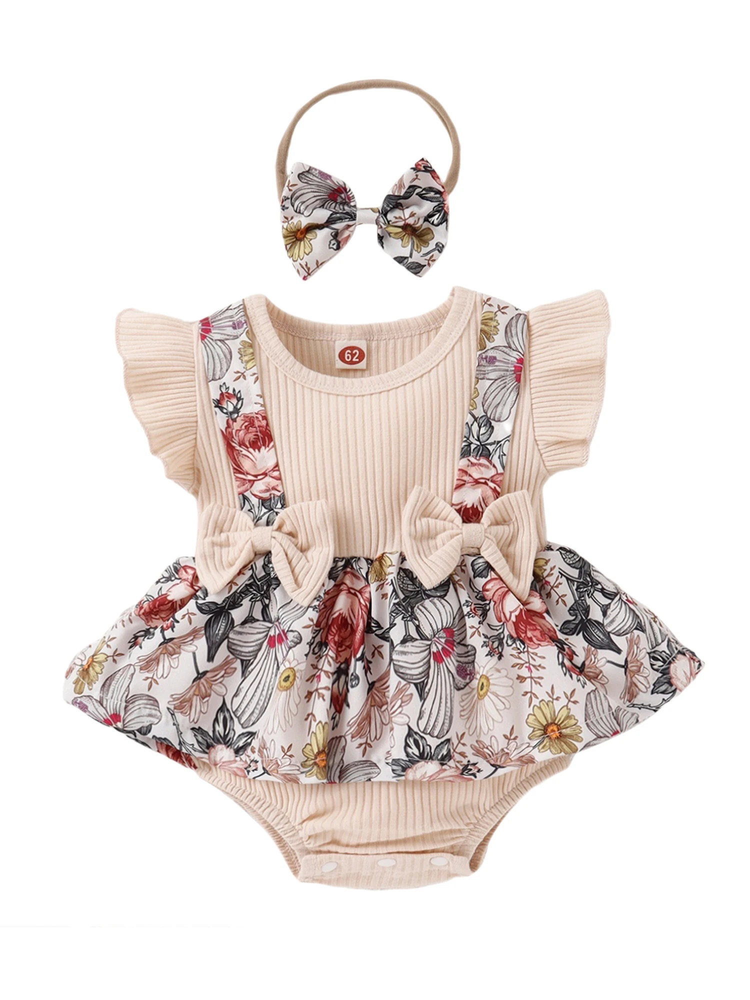 

Summer Newborn Baby Girl Floral Romper Ruffle Sleeve Bow Romper Bodysuit and Headband Outfit Set