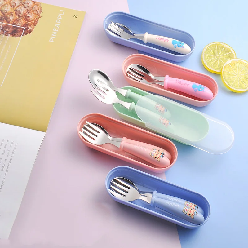 

Baby Gadgets Tableware Set Children Utensil Stainless Steel Toddler Dinnerware Cutlery Cartoon Infant Food Feeding Spoon Fork