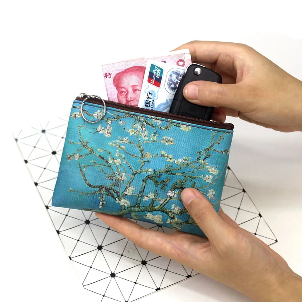 Canvas Painting Printing Fold Wallet Small Card Organizer Key Pouch Money Bag Coin Purse Zipper Coin Bags For Men Women