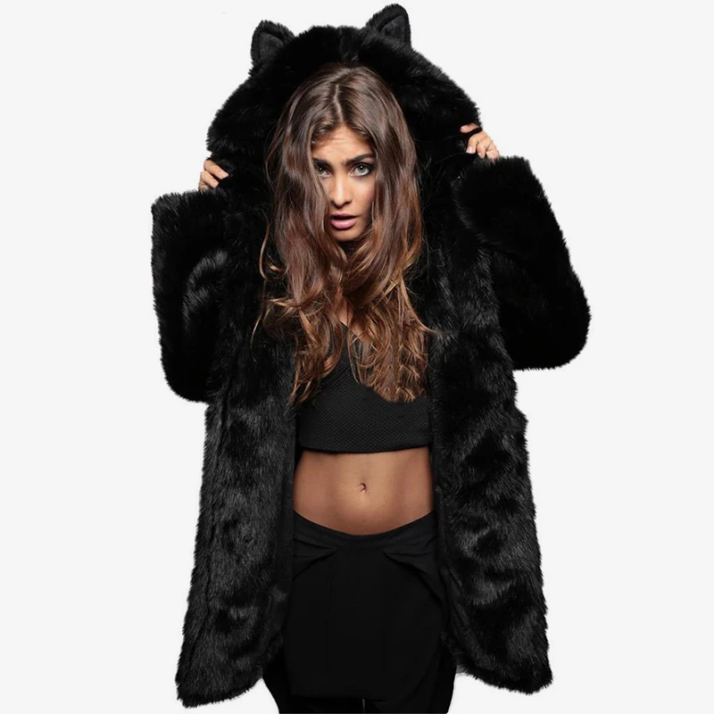 women's coat solid color fox fur long-sleeved Faux fur padded hooded cartoon ear warm women's hoodie winter/autumn women's coat