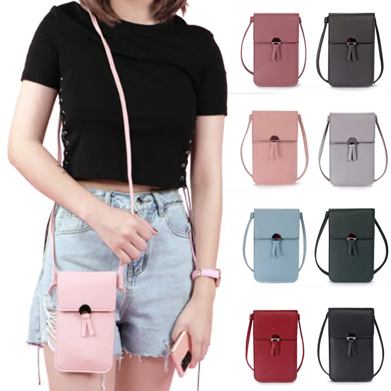 

Women Small PU Leather Wallets Crossbody Shoulder Strap Handbag Women Solid Color Touch Screen Cell Phone Bag Hasp Short Handbag