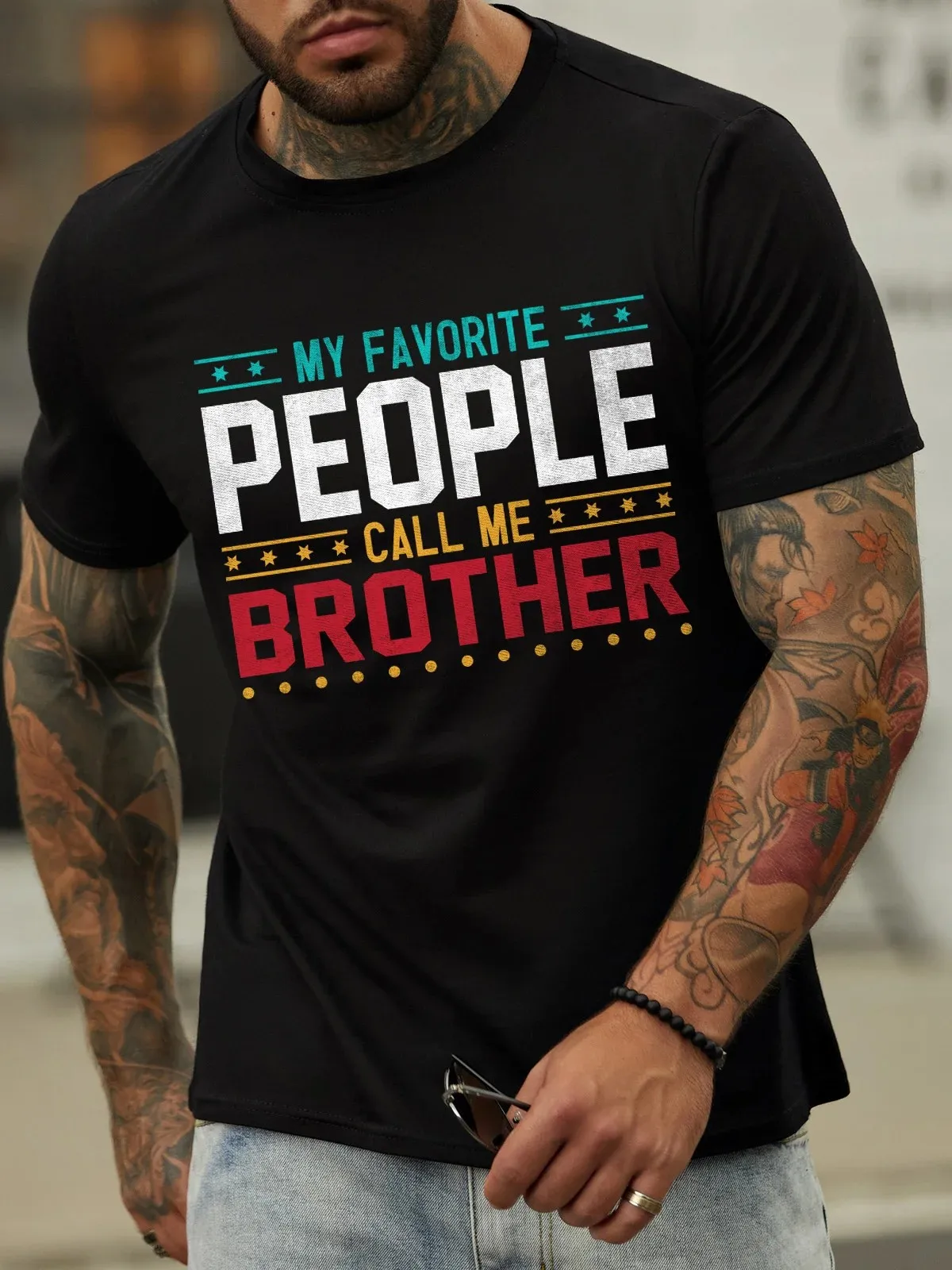 Funny Letter Print Tops Tees ShirtsLilicloth X Abu My Favorite People Call Me Brother Mens T-Shirt