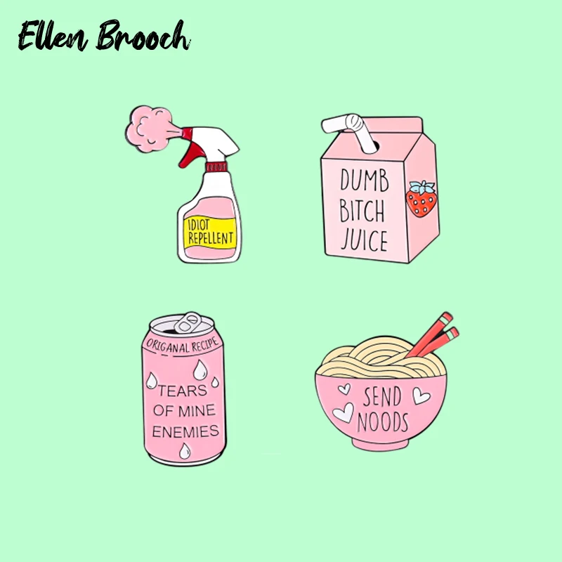 

Send Noods Noodles Enamle Pins Juice Beer Can Pink Lapel Brooch Funny Quotes Badge on Clothes Jacket Jewelry Gift Wholesale