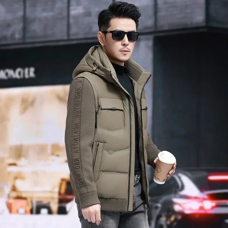 Куртка с капюшоном и вязаными рукавами роскошный Съемный пуховик Мужская