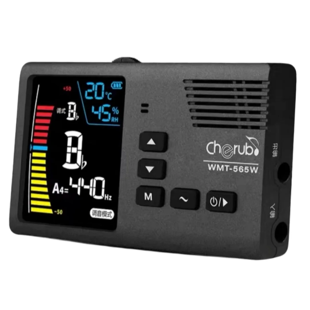Фото Электронный метроном Cherub WMT-565W с полноцветным ЖК-дисплеем 5-в-1 для духовых инструментов, USB-C, перезаряжаемый тюнер с гигрометром и термометром №1