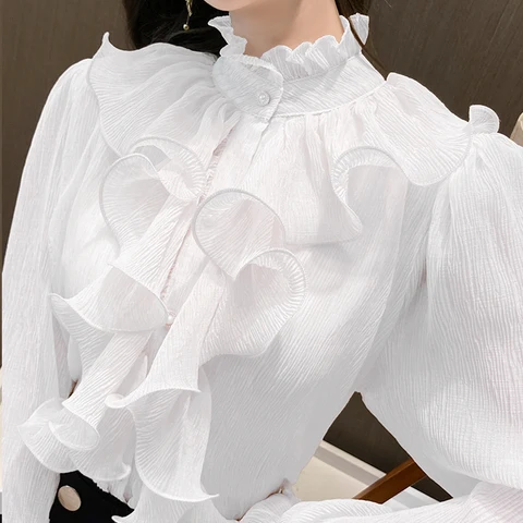 Korean Ruffles Stitching Elegant Lace Blouse Woman Stand Collar Button Chiffon Shirt Long Flare Sleeve Fashion Loose Tops 12946