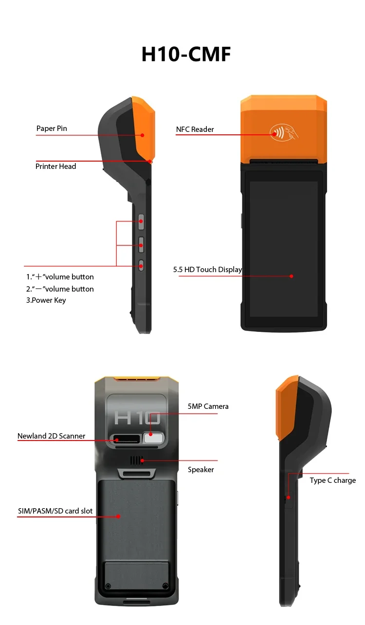 Фото Сертифицированная H10 портативная POS-система Android, 5 дюймов, 2 ОЗУ + 16ROM, 4G NFC, автономная мобильная платежная машина для билетов, лотереи, Blue Tooth №3