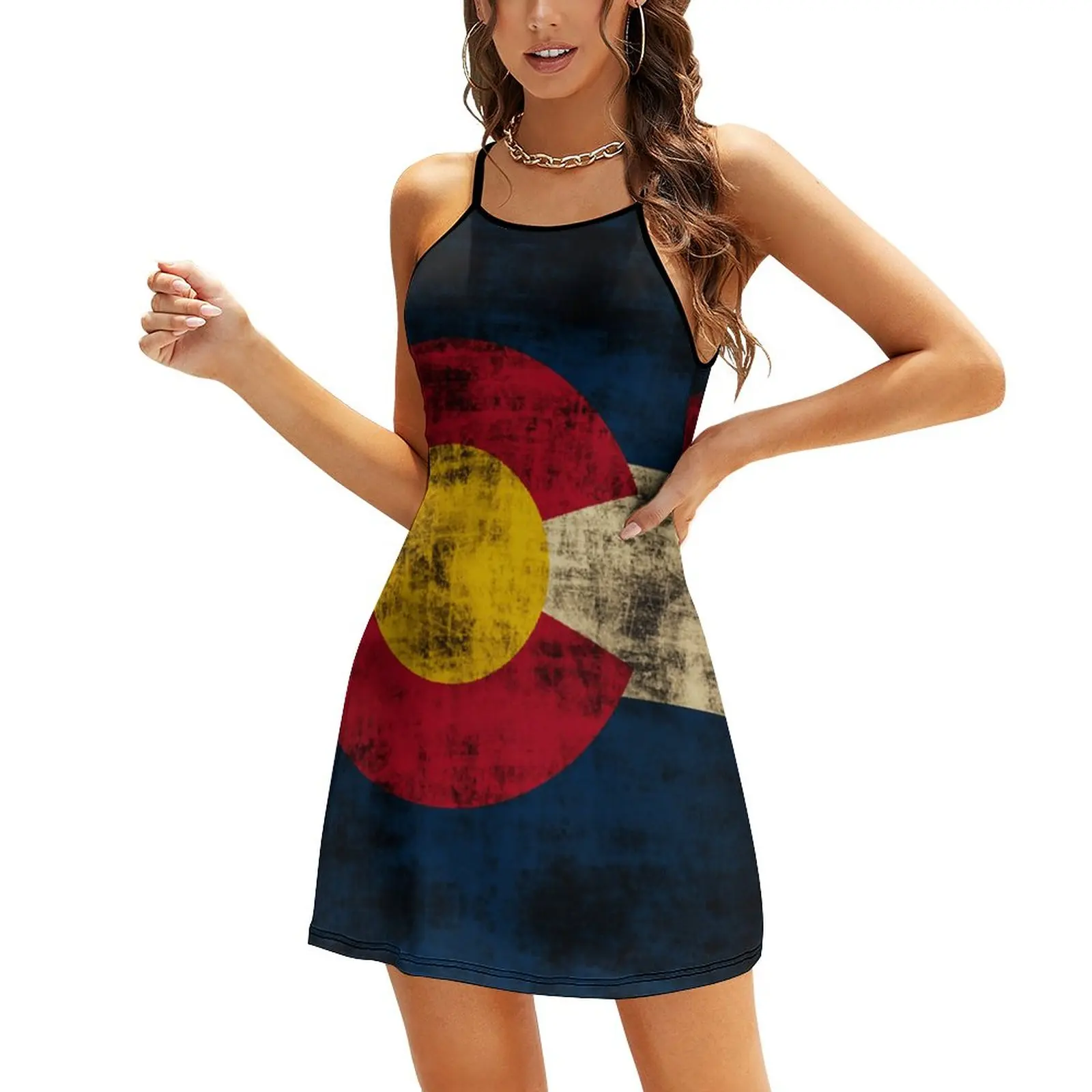 

Exotic Vintage Grunge State of Colorado Flag Women's Sling Dress Nerdy Vacations Woman's Gown Suspender Dress Graphic Cool
