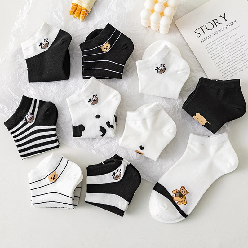 10 Pair Cow Print Low Tube Socks Women Summer Short Cartoon Bear Cotton Ankle Sock Cute Asakuchi Breathable Girl Foot Sokken Set