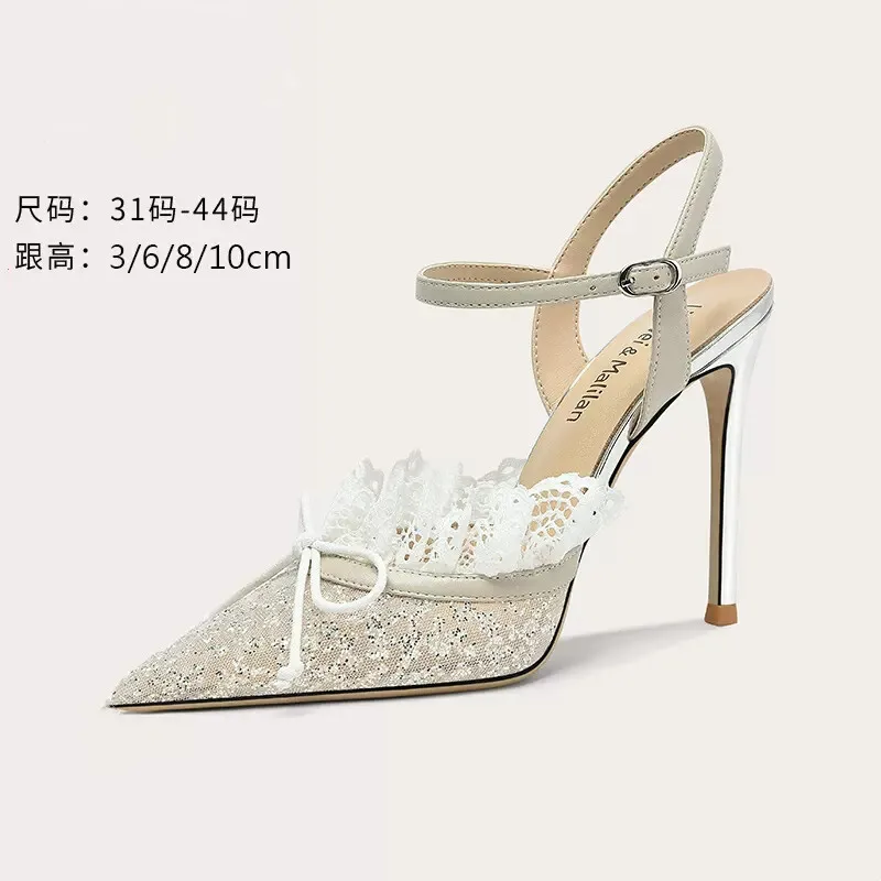 

Spring and summer new pointy mesh lace sequin sandals thin high-heeled banquet dress versatile large and small women single shoe