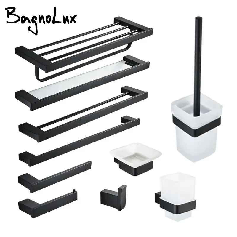 

NEW2023 Bathroom Accessories Set Matt Black Finish Wall Toilet Paper Holder Towel Bar Shelf Brush Holders Bath Hardware Set 10 C