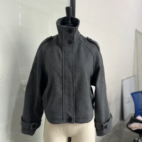 Модное короткое шерстяное пальто для женщин, свободная куртка на молнии с воротником-стойкой и длинными рукавами, женская куртка на молнии, осень-зима 202, однотонная женская верхняя одежда Женская верхняя одежда