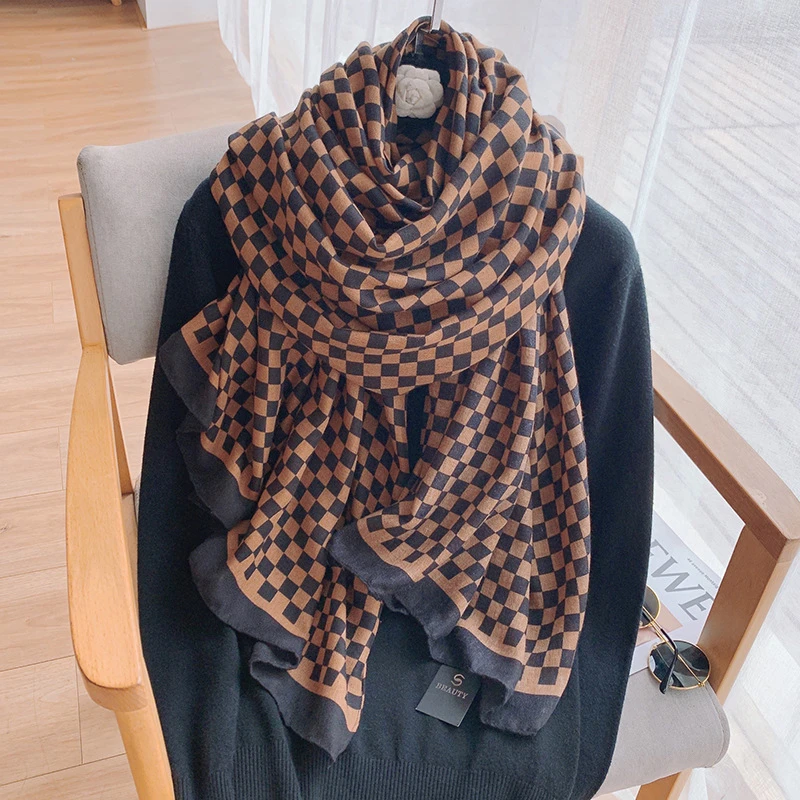 Брендовая женская пляжная качественная шаль на осень и зиму клетчатый хлопковый