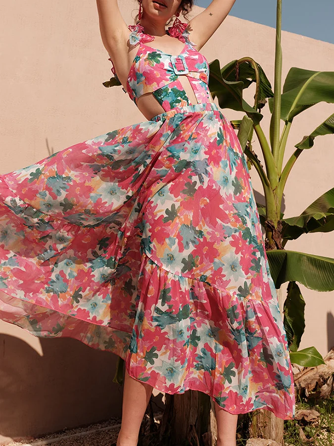 

Купальник с цветочным принтом и оборками для женщин, 1 шт., купальник и платье, модные пляжные купальные костюмы с открытой спиной, новинка 2023