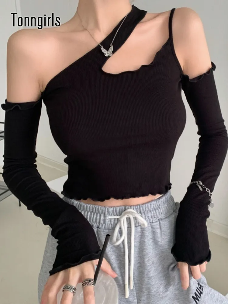 

Tonngirls Streetwear Slim T Shirt Women Y2k Sexy Off The Shoulder Tops For Women Black Hollow Out Tee Shirt Femme Korean Style