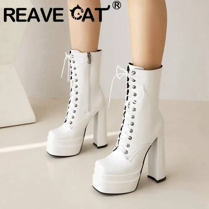 

REAVE CAT Ladies Mid Calf Boots 18cm Square Toe Block Heels 14cm Double Platform 5cm Zipper Lace Up Plus Size 43 Female Booties