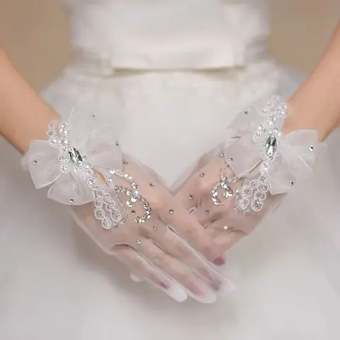 Новое поступление Свадебные перчатки цвета слоновой кости Имбирные с кристаллами Дешевые Свадебные перчатки длина запястья