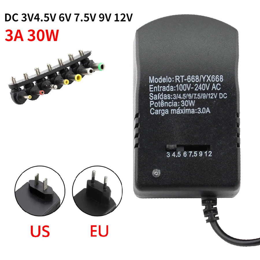 

AC DC 12V Power Adapter Supply 3V 6V 9V 12V Universal USB Switching Power Supply Adapter 3 6 9 12 V Converter 7 Plugs 3A 30W