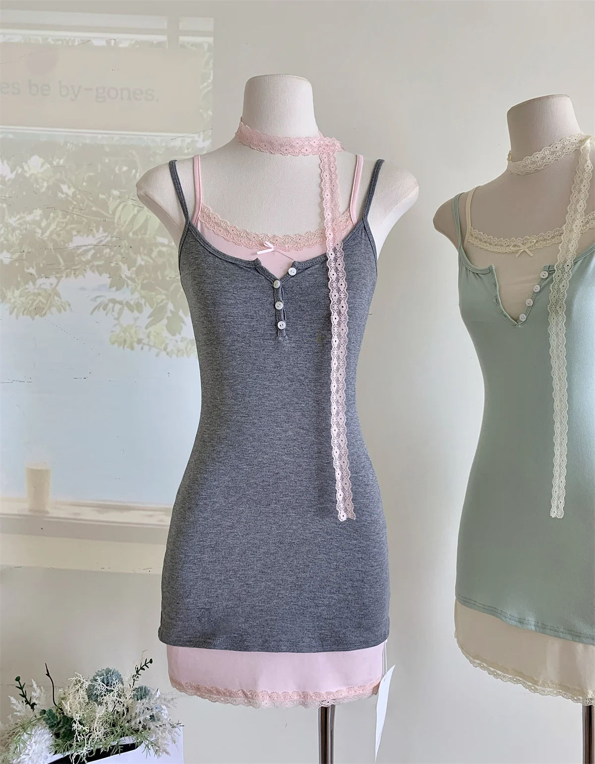 Женский серый комплект из двух предметов Y2k кружевное платье А-силуэта