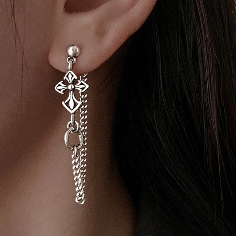 

2022 Модные металлические серьги-кисточки со старинной цепью и крестом для женщин и мужчин, звено в стиле хип-хоп, звеньевые серьги, ювелирные ...
