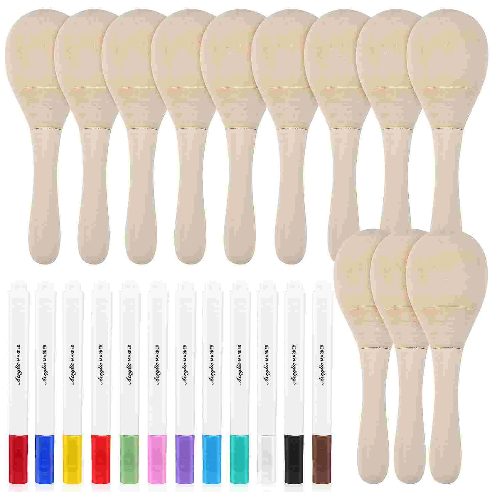 

12Pcs Unfinished Wooden Maracas Paint Pens Diy Mini Wood Maracas Blank Egg Shaker Rattle Orff Hand Percussion Musical Instrument