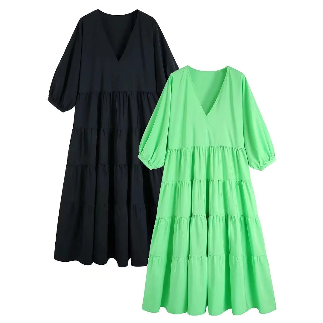 

Summer Green Women Fashion Poplin Panelled Midi Dress Vintage V Neck Three Quarter Sleeve Female Dresses Vestidos Mujer