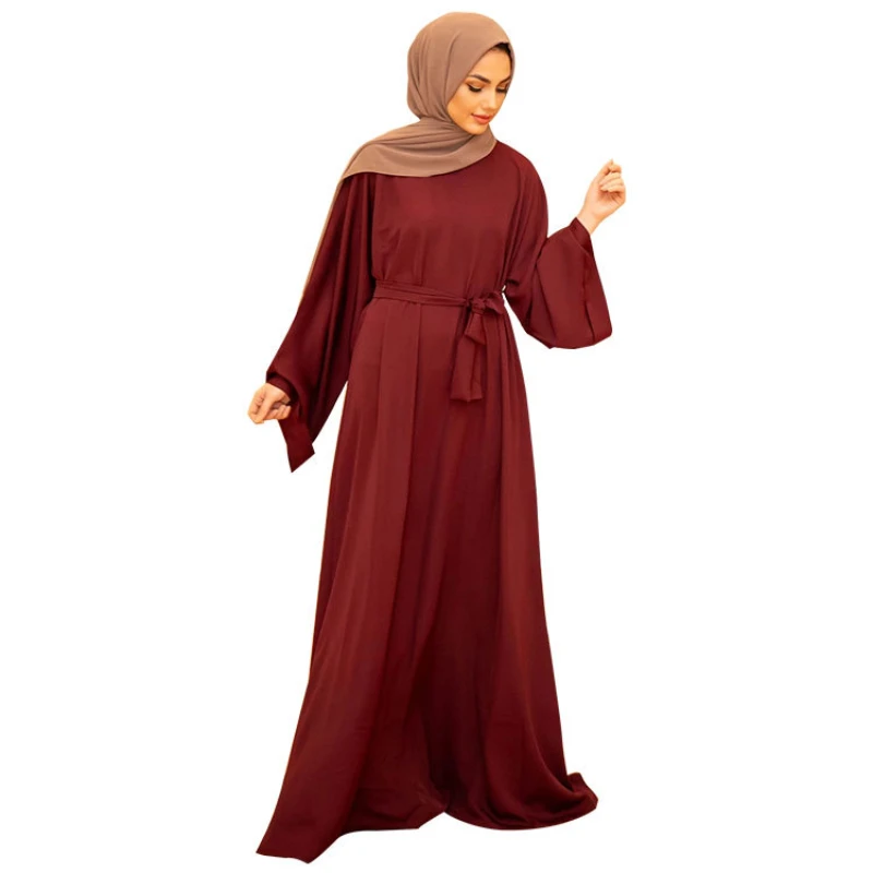 

Abayas for Women Middle East Malaysian Muslim Ladies Dress Crewneck Robe Simple Abaya Dubai Solid Color Jilbab with Waistband