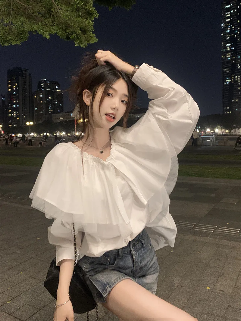 

Round Neck Mesh Single New Stitching For Feeling 2023 Women Design Shirt Long-sleeved Breasted Spring Korean