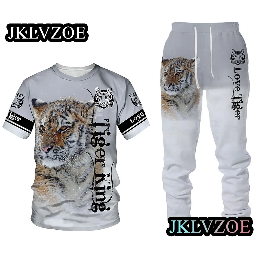 2023 Summer Men's T-Shirt Trousers Set Fashion Tiger Print Tracksuit 2 Pieces Casual Men Clothing Oversized Streetwear Outfits