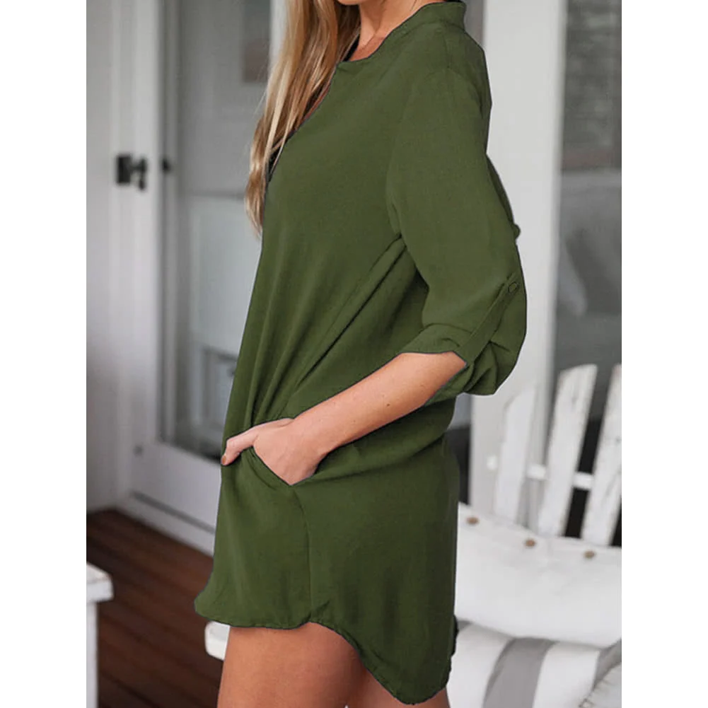 

Chiffon V Neck Pockets Roll up Asymmetrical Plus Size Women's Casual Dress