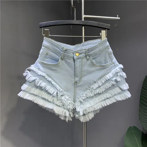 

2022 Summer New Ultra Short Jeans Women's Light Blue Ripped Frayed Hem Slim Fit Hip A- Line Hot Pants