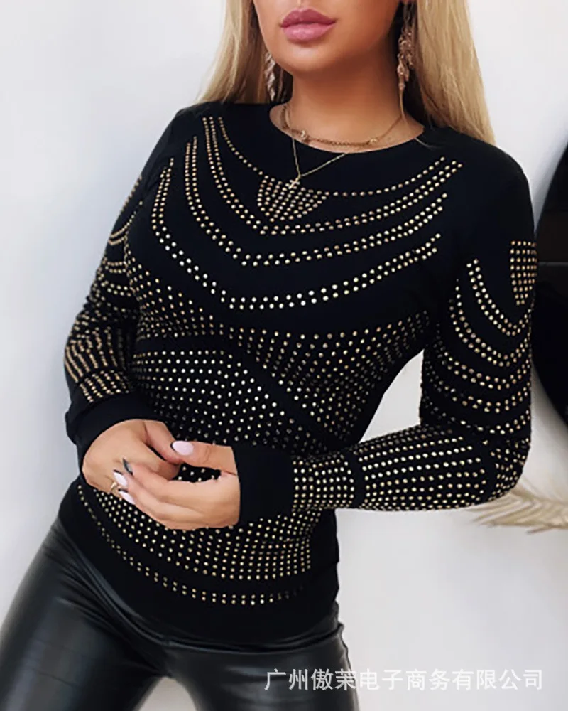 

Women's T Shirts Spring 2022 New Full Body Hot Diamond Long Sleeve Tight Black Shirt