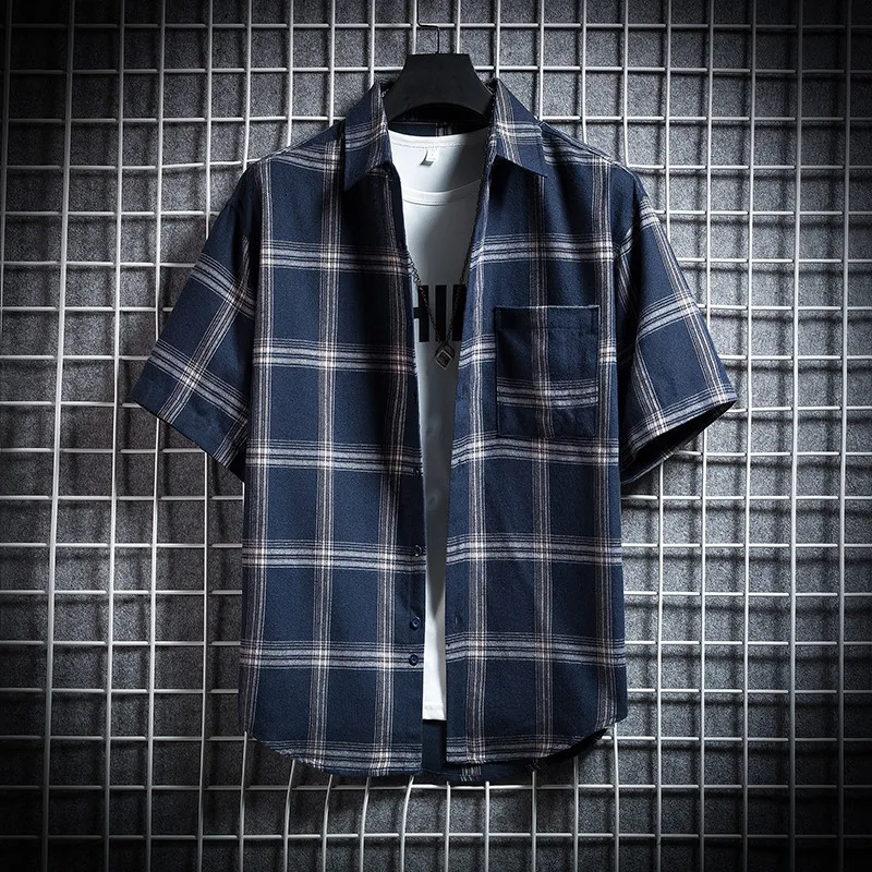 Summer Plaid Shirt Men Hip Hop Checked Short Sleeve Shirt High Quality Spring New Oversize Streetwear Grey Retro Social Blouses