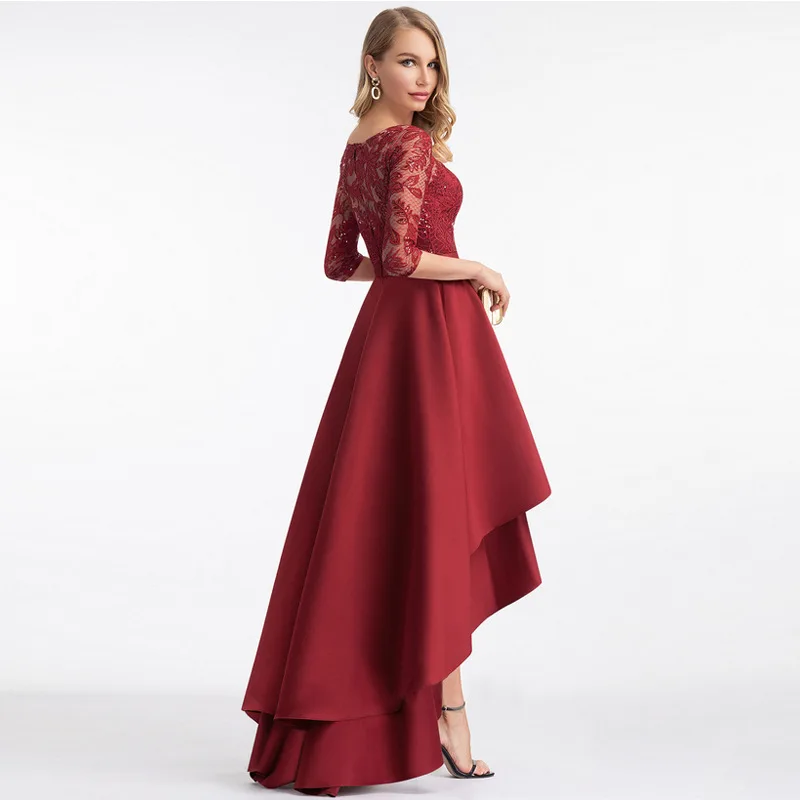 Women Elegant Cocktail Hollow Lace-up Crew Neck Half Sleeve Prom Party Dress Fashion Slim Waist Pleated Evening Dresses