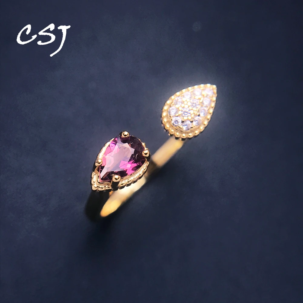

CSJ Elegant Natural Tourmaline Adjustable Rings Sterling 925 Silver Gemstone Pear 4*6mm for Women Birthday Party Jewelry Gift
