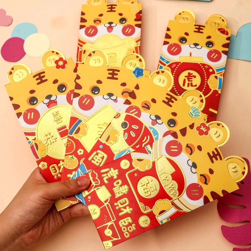

6Pcs Chinese New Year Red Envelopes Cartoon Tiger Hongbao Spring Festival Money Pockets Wedding Lucky Packets Gift Bag