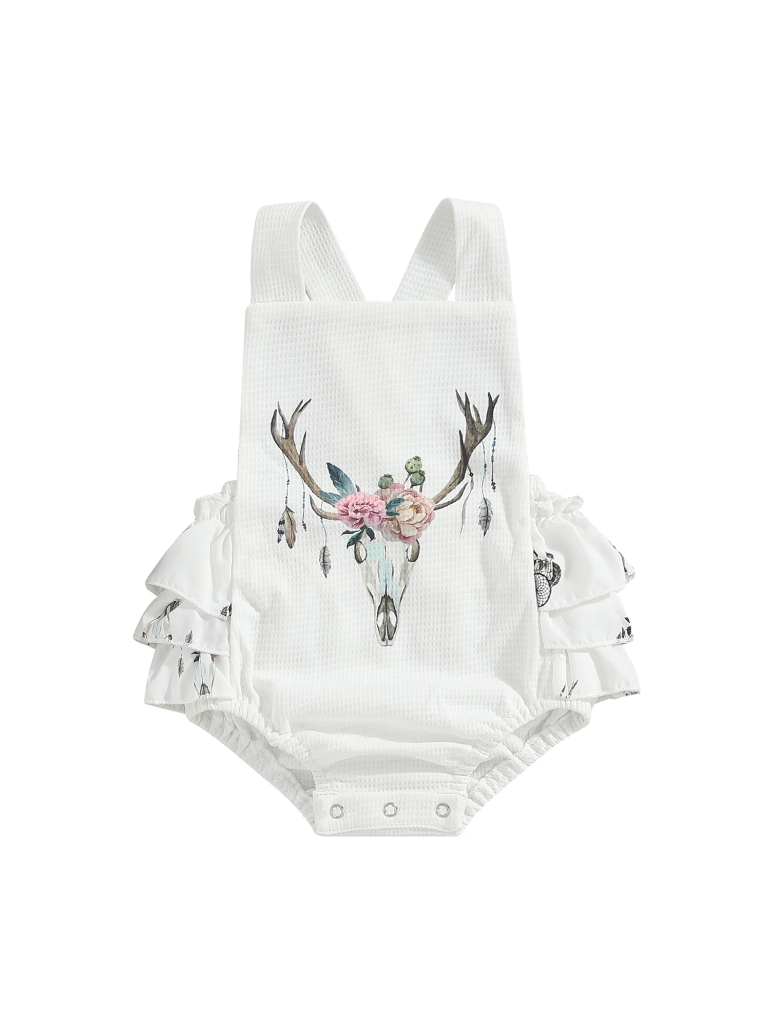 

Newborn Baby Girl Suspender Jumpsuit Set Waffle Knit Floral Print Ruffled Flying Sleeve Romper Bodysuit and Headband