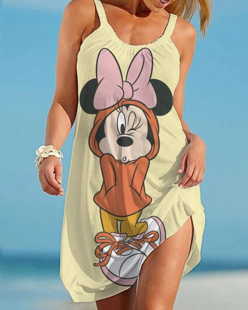 

Disney Minnie Mickey Mouse Women Dresses 3D Dye Print Fashion Sleeveless Summer Halter Casual Sexy Dress Loose Kawaii Dress