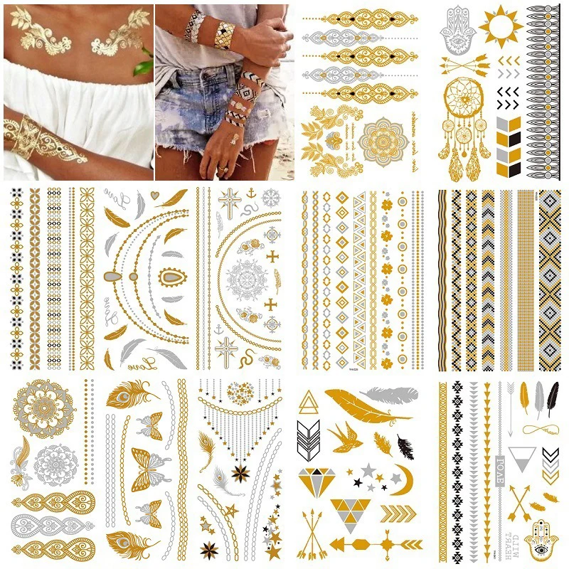 Gold Temporary Tattoos for Women Girl Adult Shimmer Waterproof Fake Tattoo Metallic Sticker Bracelets Feathers Wrist Arm Band