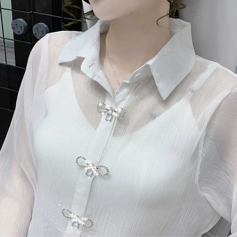

New Diamond Butterfly Backless Female Sunscreen Mesh Autumn Sexy Transparent Chiffon Long Sleeve Blouse Shirt