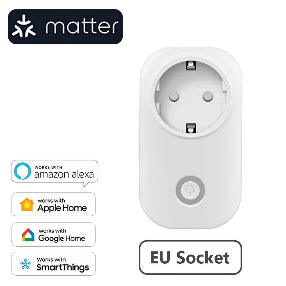 Фото Умная розетка Arumny Matter, мультирозетка 16А с монитором питания, вилка европейского стандарта uHome + Apple HomeKit Siri Google Home SmartThings Alexa №1