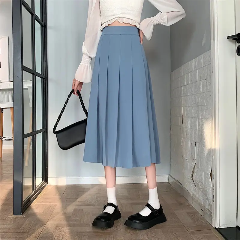 

2022 Women Spring Summer New Mid-length Pleated Skirts Female Solid Color Suit Skirts Ladies High Waist Loose Skirts I242